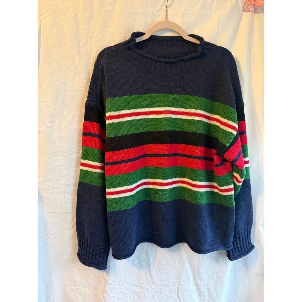 Vintage Style Chunky Knit Striped Sweater Navy Green Red Mock Neck Oversized L‎